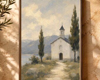 Tuscan Chapel Wall Art: Vintage Italian Countryside Oil Painting Print