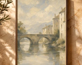Umbria Stone Bridge Wall Art: Vintage Italian Oil Painting Print