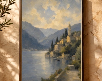 Vintage Lake Como Oil Painting Print, European Landscape Wall Art (Digital Download)
