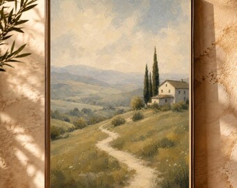 Italian Wall Art: Tuscan Countryside Vintage Oil Painting Print