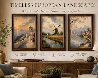 Organic Modern Landscape Prints Set, Santorini, Kyoto, Windmill (Digital Download)