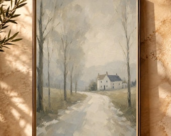 Winter Cottage Wall Art: Vintage Snowy Countryside Oil Painting Print