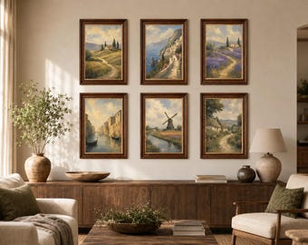 European Landscape Gallery Wall Set of 6, Vintage Oil Painting Prints