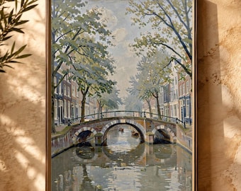 Amsterdam Print: Vintage Dutch Canal Oil Painting Wall Art, Digital Download