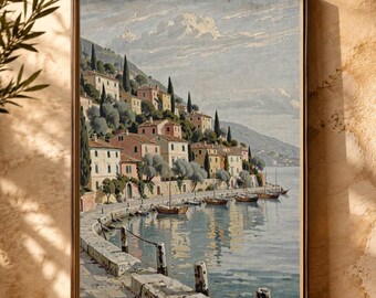 Portofino Coastal Wall Art: Italian Riviera Harbor, Vintage Oil Painting Style Printable Digital Download