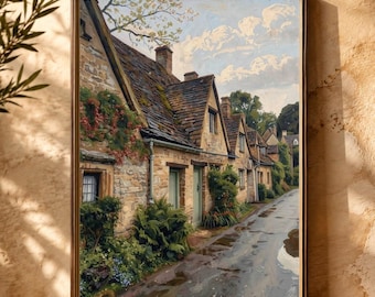Cotswolds Print: Bibury English Cottage Oil Painting Style Wall Art, Digital Download