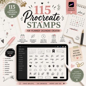 以下が含まれることがあります： 115種類のプランナーおよびカレンダー用スタンプを備えたProcreateスタンプライブラリを表示するデジタルタブレット。画面には、曜日、月、天気記号、装飾要素を含む黒いインターフェースと白い線画のグラフィックが表示されています。