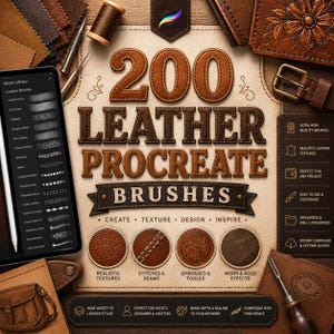 Könnte beinhalten: Eine digitale Sammlung von 200 Leder-Procreate-Pinseln mit einer Tablet-Anzeige von Pinseloptionen, Ledermustern, Nahtbeispielen und geprägten Mustern. Der Text lautet 200 LEATHER PROCREATE BRUSHES mit weiteren beschreibenden Etiketten.