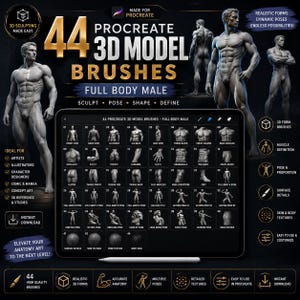 May include: A digital collection of 44 Procreate 3D model brushes for full body male anatomy. The display shows a grid of numbered brush icons featuring various muscle groups, poses, and skin textures, with a stylus resting below the tablet screen.