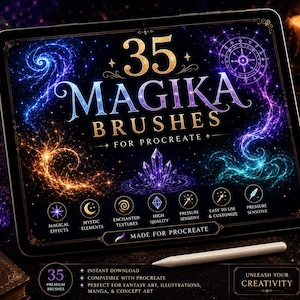 May include: A digital tablet screen displaying 35 Magika Brushes for Procreate. The graphic features gold and purple text, swirling cosmic patterns, and a central crystal cluster. Icons below highlight features like magical effects and pressure sensitivity.