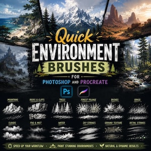 May include: A digital brush set titled Quick Environment Brushes for Photoshop and Procreate, featuring landscape examples and white stroke samples for mountains, rocks, trees, foliage, bushes, grass, clouds, fog, water, and ground textures.