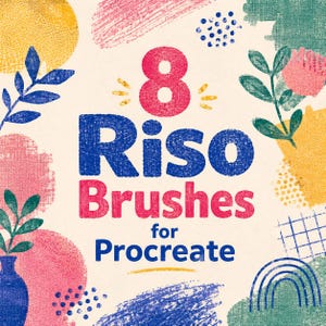 May include: A digital graphic featuring the text 8 Riso Brushes for Procreate in pink and blue. The background is cream-coloured and decorated with abstract shapes, including yellow circles, blue leaves, pink textured circles, and a blue rainbow.