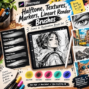 Halvton, texturer, markörer, linjära renderingspenslar för Procreate | Serietidnings- och illustrationspenselset | Direktnedladdning