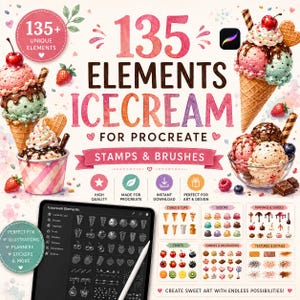 Op de afbeelding: Een digitale kunstset met 135 ijs-elementen voor Procreate, inclusief stempels en penselen. De afbeelding toont kleurrijke illustraties van ijshoorntjes, coupes en toppings, naast een tabletscherm met de bibliotheek van penselen.