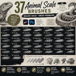 Può includere: Una collezione digitale di 37 pennelli a scaglie animali per Procreate e Photoshop, con un'illustrazione di una lucertola e un serpente. Il layout mostra campioni numerati che includono texture di pelle di rettile, drago, pesce e anfibio.