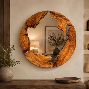 Miroir en bois brut, décoration murale rustique faite main, bois d'olivier naturel, style ferme moderne