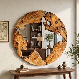 Puede incluir: Un gran espejo de pared circular con un marco grueso e irregular hecho de madera natural de color marrón claro, con vetas visibles y bordes orgánicos dentados que crean una apariencia texturizada y rústica alrededor de la superficie de cristal.