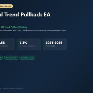 May include: A dark blue digital interface for the Gold Trend Pullback EA trading software. It displays performance metrics including a 1.58 profit factor, 7.1% max drawdown, and a 2021-2026 test period, with buttons for MetaTrader 5 and setup guides.