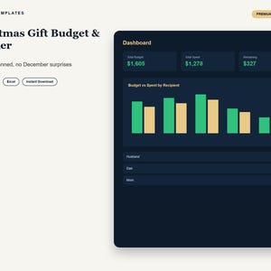 May include: A digital Christmas Gift Budget & Tracker spreadsheet template featuring a dark dashboard with green and gold text, a bar chart comparing budget versus spent, and summary boxes for total budget, total spent, and remaining funds.