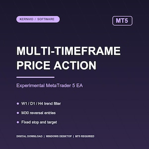 Könnte beinhalten: Eine dunkelviolette digitale Grafik für Kernvio Software mit dem Text Multi-Timeframe Price Action und Experimental MetaTrader 5 EA. Sie listet Funktionen wie W1, D1, H4 Trendfilter, M30 Umkehr-Einstiege sowie festen Stop und Ziel auf.