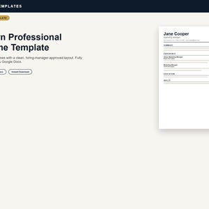 Könnte beinhalten: Eine digitale Lebenslaufvorlage mit dem Titel Modern Professional Resume Template von KERNVIO TEMPLATES. Das Dokument zeigt eine weiße Seite mit schwarzem Text, einschließlich Abschnitten für Zusammenfassung, Erfahrung, Bildung und Fähigkeiten, bearbeitbar in Word und Google Docs.
