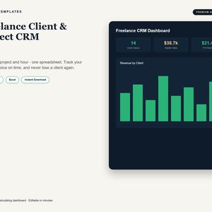 Könnte beinhalten: Eine digitale Freelance Client & Project CRM Tabellenvorlage mit einem dunklen Dashboard, grünen Balkendiagrammen sowie Kennzahlen für aktive Kunden, Pipeline-Wert und Umsatz, kompatibel mit Google Sheets und Excel zur Projektverfolgung.