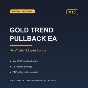 以下が含まれることがあります： Gold Trend Pullback EAソフトウェアのダークブルーのデジタルグラフィック。テキストには、KERNVIO SOFTWARE、MT5、GOLD TREND PULLBACK EA、MetaTrader 5 Expert Advisor、XAUUSD trend pullbacks、CCI-based strategy、PDF setup guide included、DIGITAL DOWNLOADが含まれています。