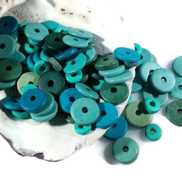 Green Teal Turquoise Greek Ceramic Clay Beads, 8mm and 13mm, Almost 100 Beads, Mixed Shades & Sizes, Colorful Washer Disk Disc Mykonos Beads