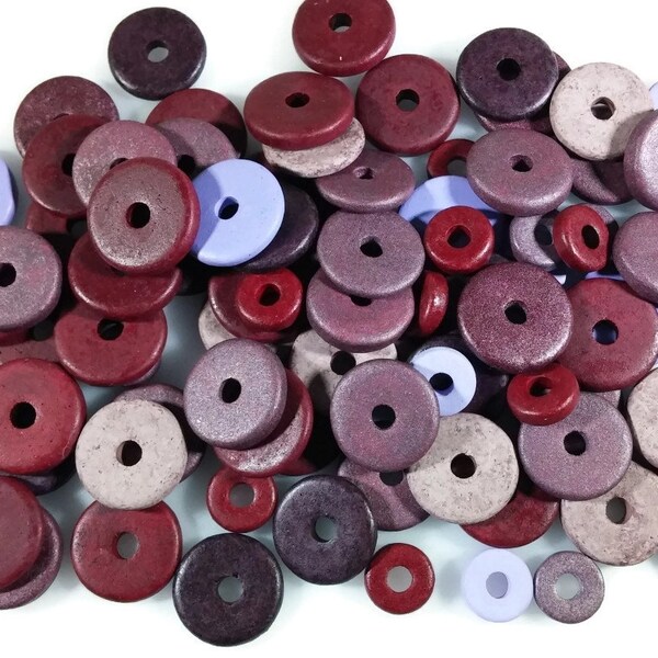 Purple Plum Wine Greek Ceramic Clay Beads, 8mm and 13mm, Over 100 Beads, Mixed Shades and Sizes, Washer Disk Disc, Colorful Mykonos Beads