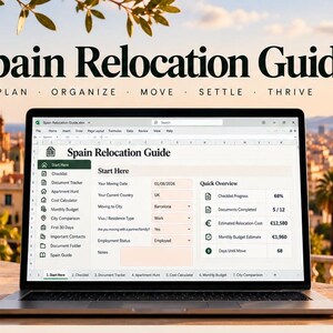 May include: A laptop displaying a Spain Relocation Guide Excel template with tabs for checklists, budgets, and city comparisons. Beside the laptop are stacked books labeled Barcelona, Madrid, Valencia, and Málaga. A circular badge indicates Excel Template Instant Download.