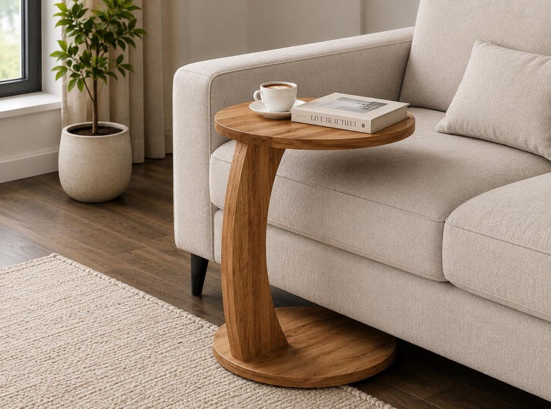 Pu&ograve; includere: Un tavolino a forma di C realizzato in legno marrone chiaro con una base circolare e un piano circolare abbinato. Il tavolo presenta una colonna di supporto verticale curva che collega la base alla superficie superiore, che sostiene una tazza.