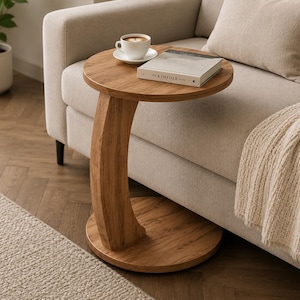 C-Shaped Wooden Side Table, Modern Sofa Tray, Laptop Stand, Coffee & Snacks, Couch Side Table, Living Room Furniture