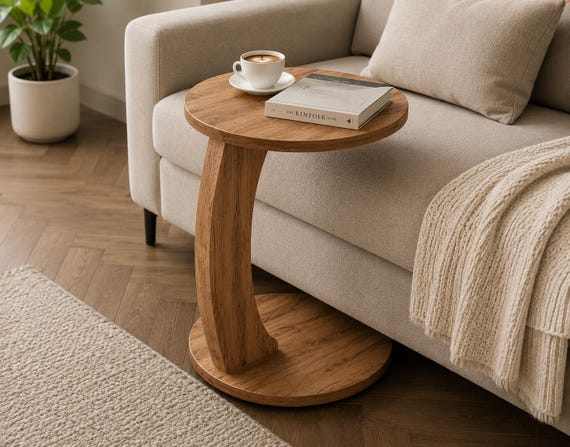 C-Shaped Wooden Side Table, Modern Sofa Tray, Laptop Stand, Coffee & Snacks, Couch Side Table, Living Room Furniture