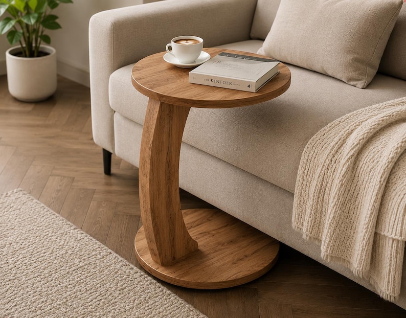 Pu&ograve; includere: Un tavolino rotondo in legno con una base di supporto curva a forma di C. Il tavolo presenta una finitura con venature del legno naturali ed &egrave; posizionato accanto a un divano. Sul piano del tavolo poggiano una tazza da caff&egrave; bianca e un libro intitolato The Kinfolk.