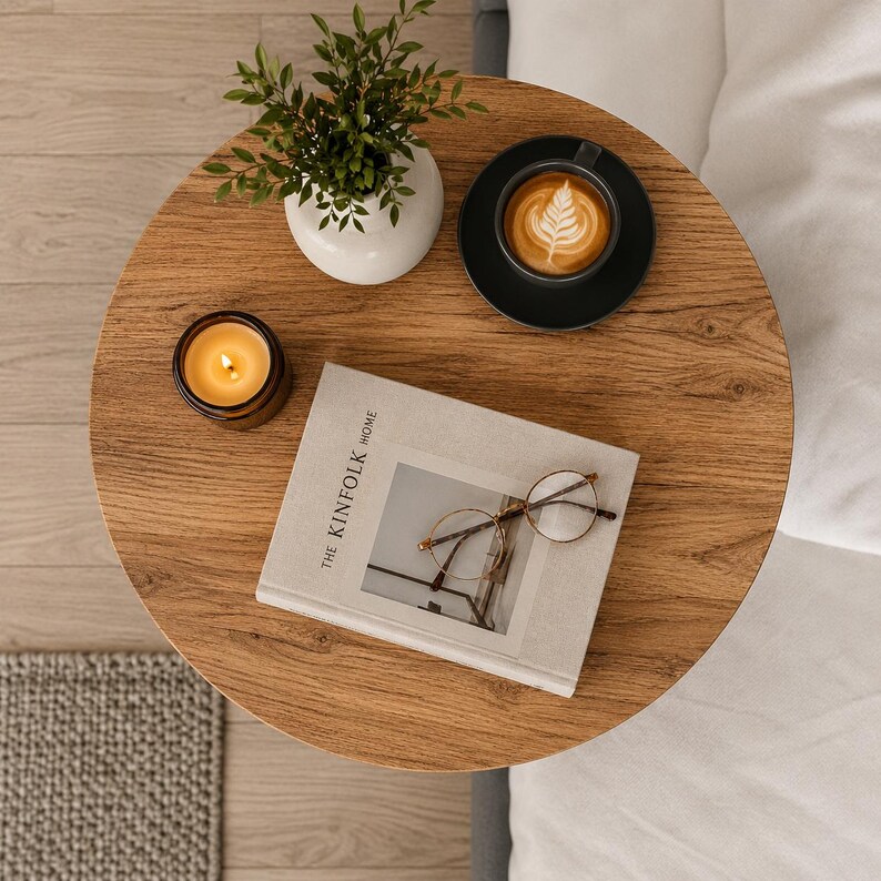 Pu&ograve; includere: Un tavolino rotondo in legno con finitura a venature color marrone chiaro. Sul tavolo si trovano un vaso in ceramica bianca con una pianta verde, una tazzina da caff&egrave; nera con latte art su un piattino, una candela in vetro ambrato accesa e un libro.