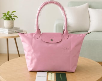 Vintage Longchamp Le Pliage Große rosa Schultertasche mit Lederbesatz, faltbar, leichte Alltags- und Reisetasche