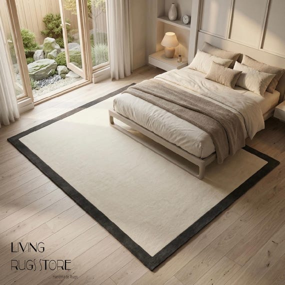 Cream Wool Area Rug, Hand-Tufted New Zealand Wool Cut Pile Rug, Black Framed Border Off White Ivory Carpet for Living Room, Custom Any Sizes