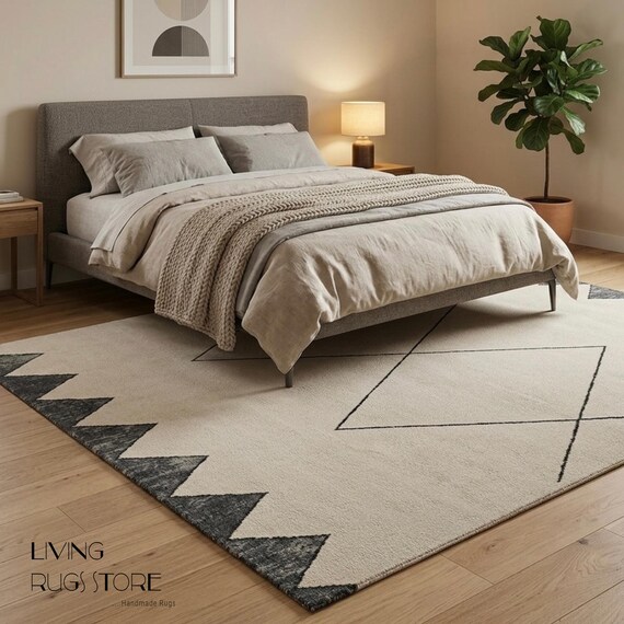 Modern Geometric Area Rug | Hand-Tufted Cream and Charcoal Wool Rug | Minimalist Diamond Pattern Carpet for Living Room & Bedroom | Custom