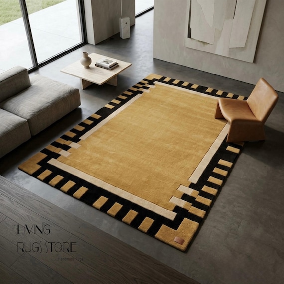 Mustard Gold Wool Area Rug, Hand-Tufted New Zealand Wool Cut Pile Rug, Art Deco Geometric Black Border Carpet for Living Room, Custom Sizes