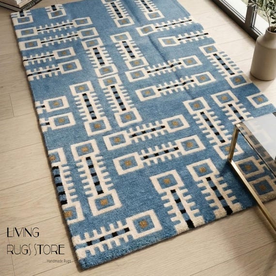 10X10 Vibrant Blue Geometric Wool Area Rug, Hand-Tufted Southwestern Tribal Carpet, New Zealand Wool Cut Pile Rug with Mustard Gold Accents