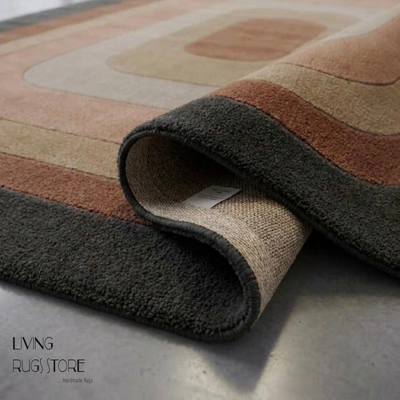 Concentric Ring Wool Area Rug, 6x9 Hand-Tufted New Zealand Wool Cut Pile Rug, Retro Mid Century Terracotta Charcoal Carpet for Living Room,