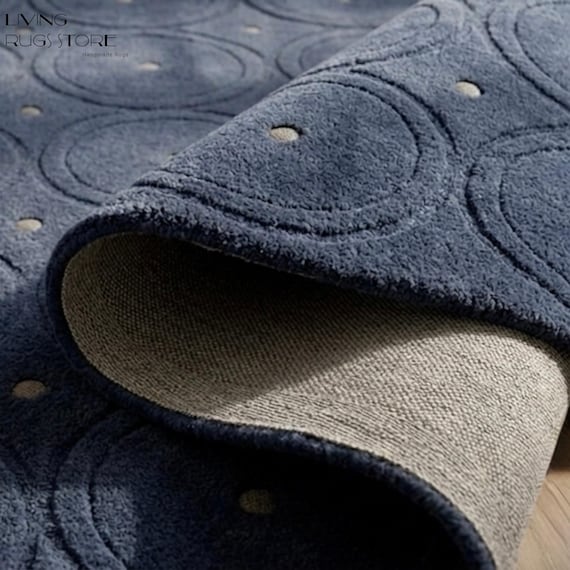 9x12 Navy Blue Geometric Area Rug | Hand-Tufted Oval Pattern Carpet | Mid-Century Modern Wool Rug for Living Room, Bedroom | Custom Size Rug