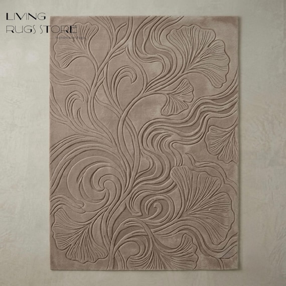Hand-Tufted 3D Sculpted Botanical Rug | Beige Ginkgo Leaf Area Rug | High-Low Pile  Wool Carpet for Living Room, Bedroom & Custom 8x10, 9x12