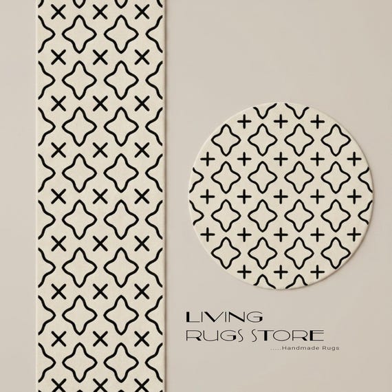 Modern Geometric Hand-Tufted Wool Rug | Cream & Black Moroccan Style Area Rug for Living Room | Luxury Custom Size Area Rug | Minimalist Dec