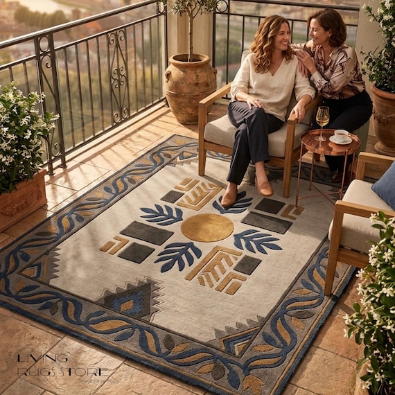 Floral Pattern 9x12 Hand-Tufted Wool Area Rug | Modern Geometric  | Luxury Ivory, Blue & Brown Living Room Rug | Custom Size Bedroom  Motif