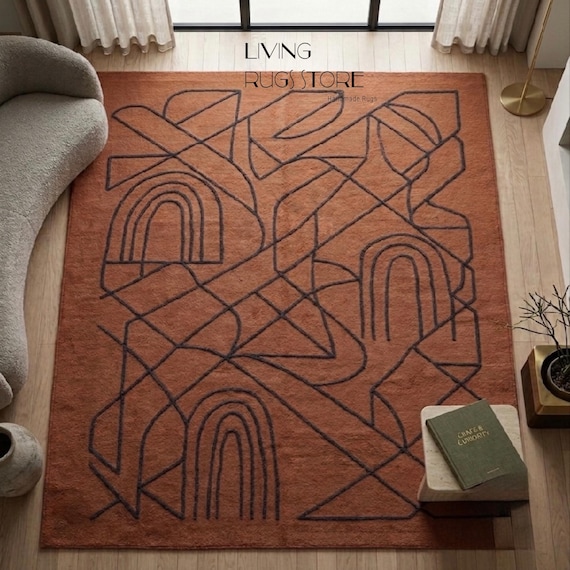 8x10 Terracotta Geometric Area Rug | Hand-Tufted Abstract Line Art Carpet | Mid-Century Modern Arch Motif Boho Rug for Living Room & Bedroom
