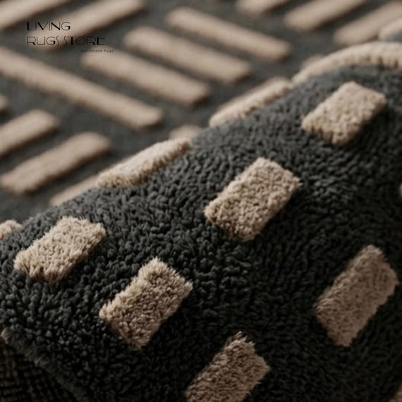 Boho Geometric 10x14 Hand-Tufted Rug | Black and Beige Textured Area Rug | High-Low Pile Modern Tribal Carpet for Living Room, Bedroom Decor