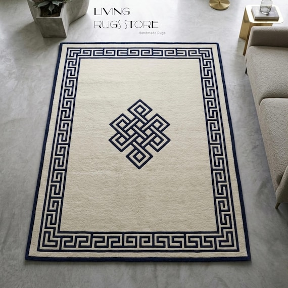 8x10 Navy and Cream Greek Key Area Rug | Hand-Tufted Modern Wool | Geometric Endless Knot Embossed Pile Rug for Living Room, Bedroom 9x12