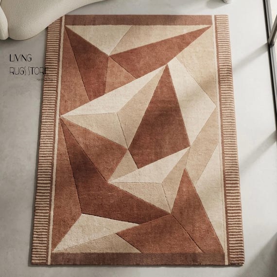 Geometric 3D Abstract Area Rug, Hand-Tufted New Zealand Wool Cut Pile Rug, Modern Neutral Brown Cream Carpet for Living Room, Custom Sizes