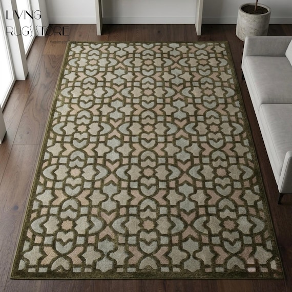 Olive Green Geometric Trellis Area Rug, Hand-Tufted New Zealand Wool Cut Pile Rug, Modern 3D Lattice Carpet for Living Room, Custom Sizes